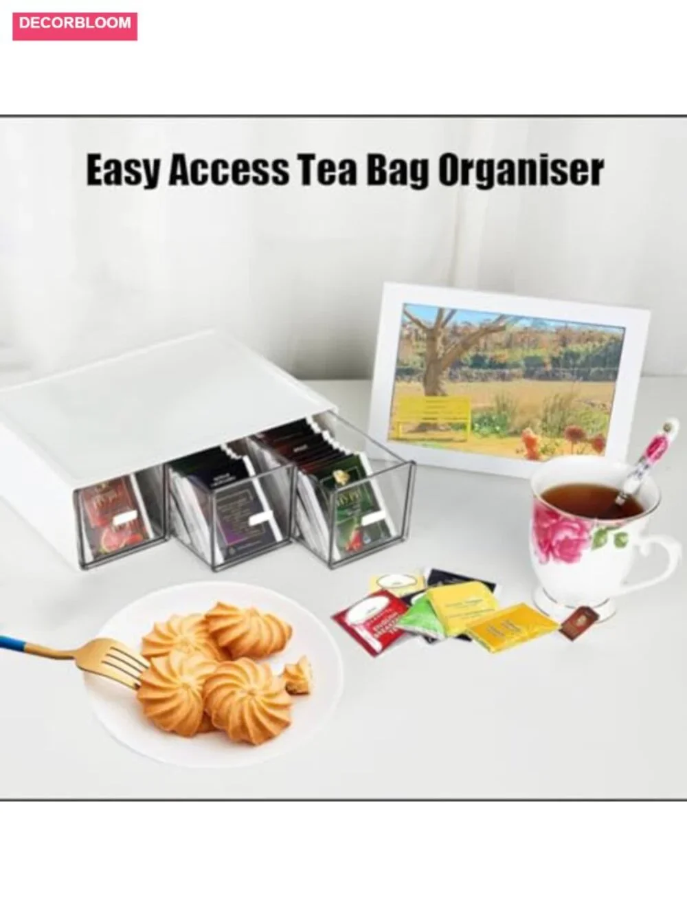 3-Drawer Clear Plastic Tea Bag Organizer Stackable Storage Box for Desk Pantry